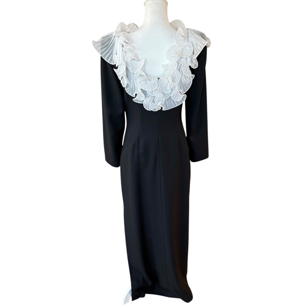 Vintage Jack Bryan Black Formal Gown with White Pleated Ruffle Collar Size 10 - Picture 2 of 12
